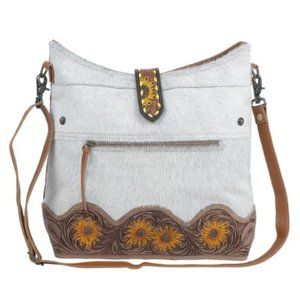 MYRA Sunflowers Hand Tooled Leather & Cowhide Bag